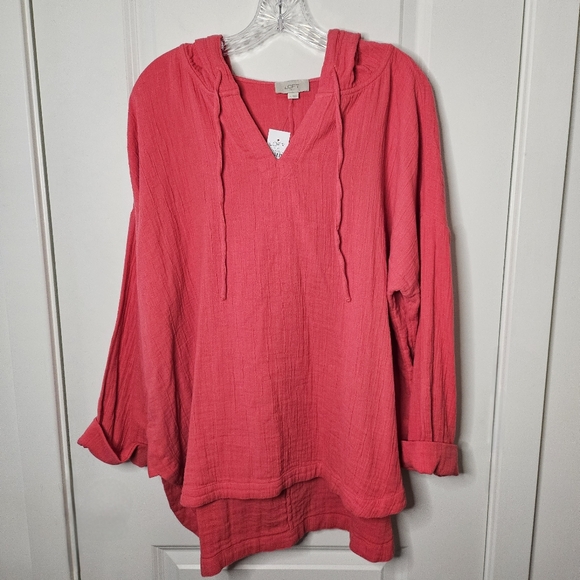 LOFT XL Coral Cotton Gauze Hooded Tunic Hi-Low Lightweight NWT Lagenlook Coastal - Picture 2 of 7